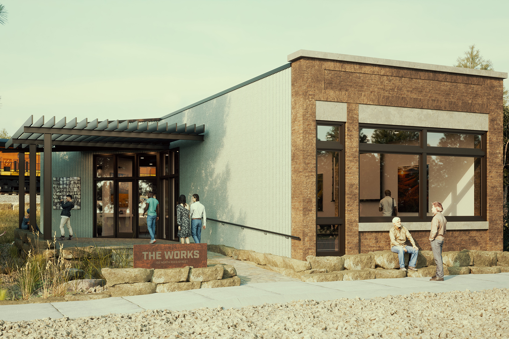 An architectural rendering of The Works, a historic renovated arts and culture building, in Matfield Green, KS.